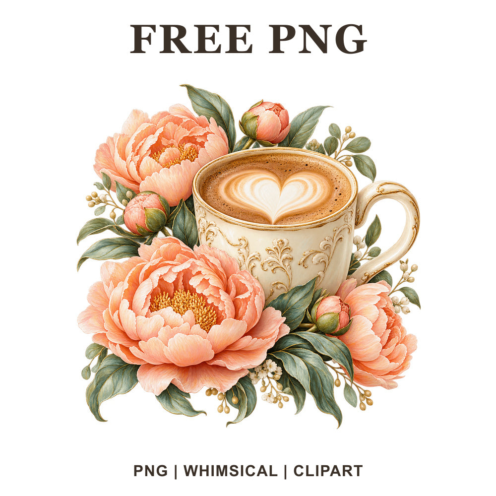 Cream and gold coffee cup with heart latte art surrounded by peach peonies and green leaves, free floral latte PNG