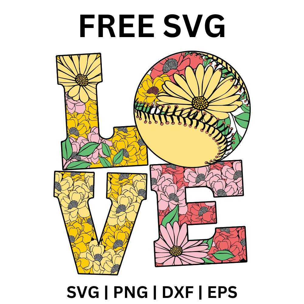 Stacked love letters filled with colorful floral patterns where the letter O is a flower-covered softball, free floral softball love SVG cut file preview.