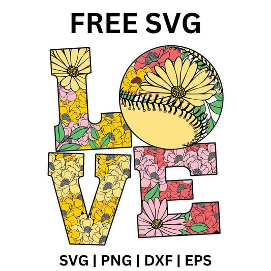Stacked love letters filled with colorful floral patterns where the letter O is a flower-covered softball, free floral softball love SVG cut file preview.
