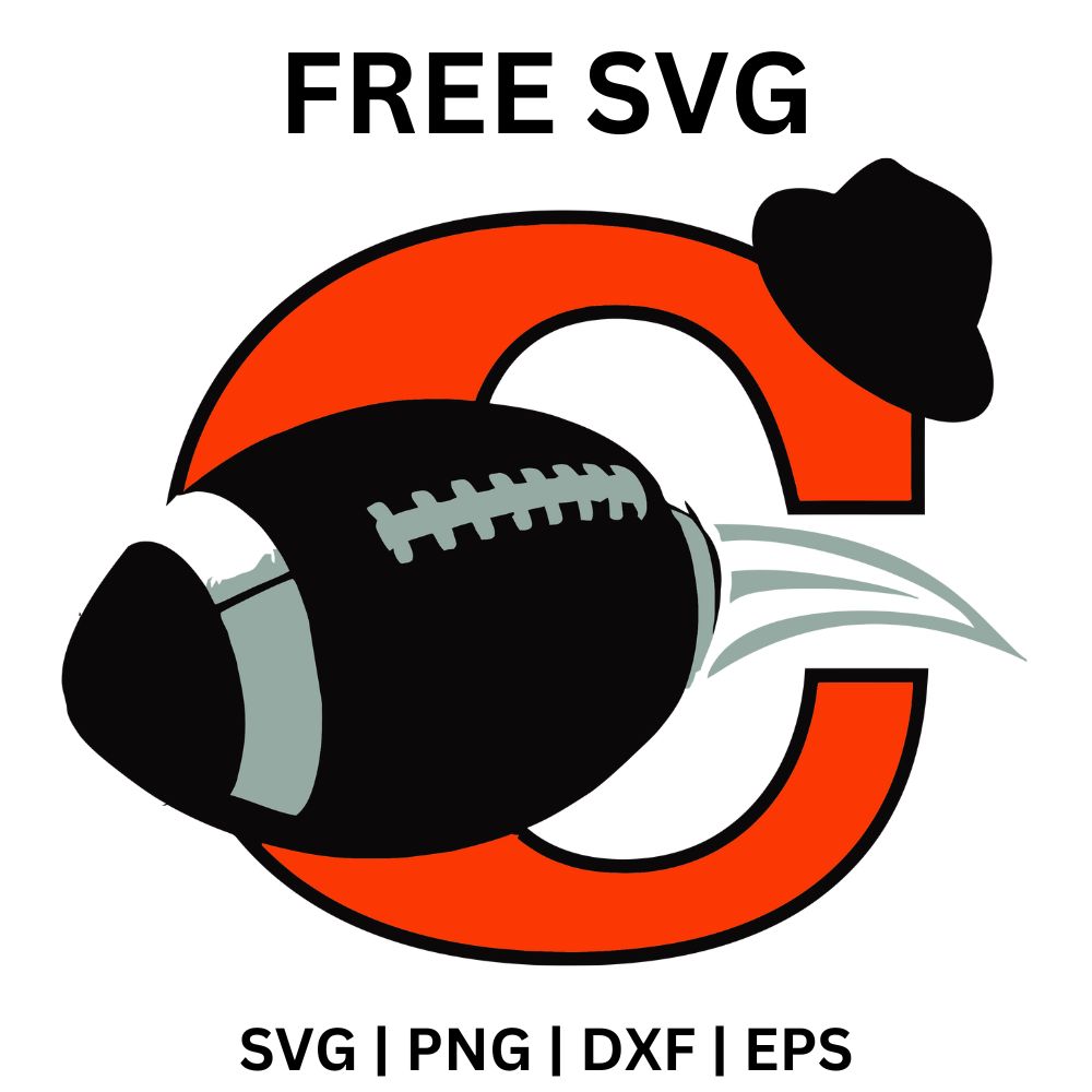 Black football with a gray stripe and laces flying through a big orange letter C with speed lines and a small black fedora on top, free football C letter SVG cut file preview.