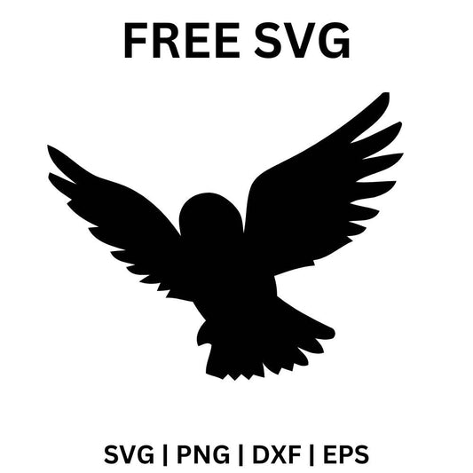 Black silhouette of an owl flying toward the viewer with wide feathered wings spread open, free flying owl SVG cut file preview.