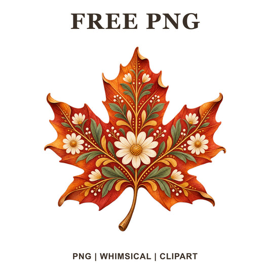 Orange red maple leaf painted with folk art daisies, green leaves and gold dots, free autumn leaf PNG clipart preview.
