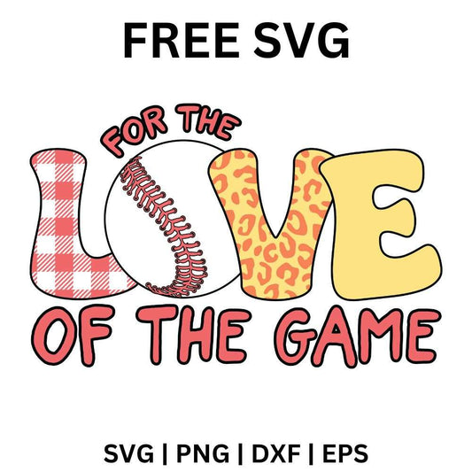 For the love of the game lettering with love spelled in red plaid, a softball and leopard print letters, free softball love SVG cut file preview.