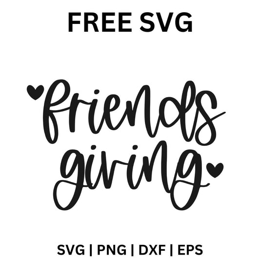 Black hand lettered friends giving script in two lines with a small heart at each side, free friendsgiving Thanksgiving SVG cut file preview.