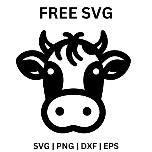 Front facing black and white cow face with curly forehead tuft, small horns, spotted patches and a pale muzzle, free cow face SVG cut file preview.