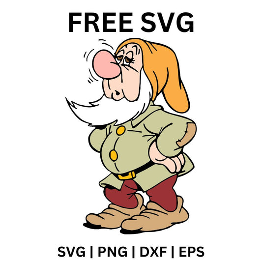 Frowning cartoon dwarf with a big red nose, brown cap and white beard standing with arms crossed in a red tunic, free cartoon dwarf SVG cut file preview.