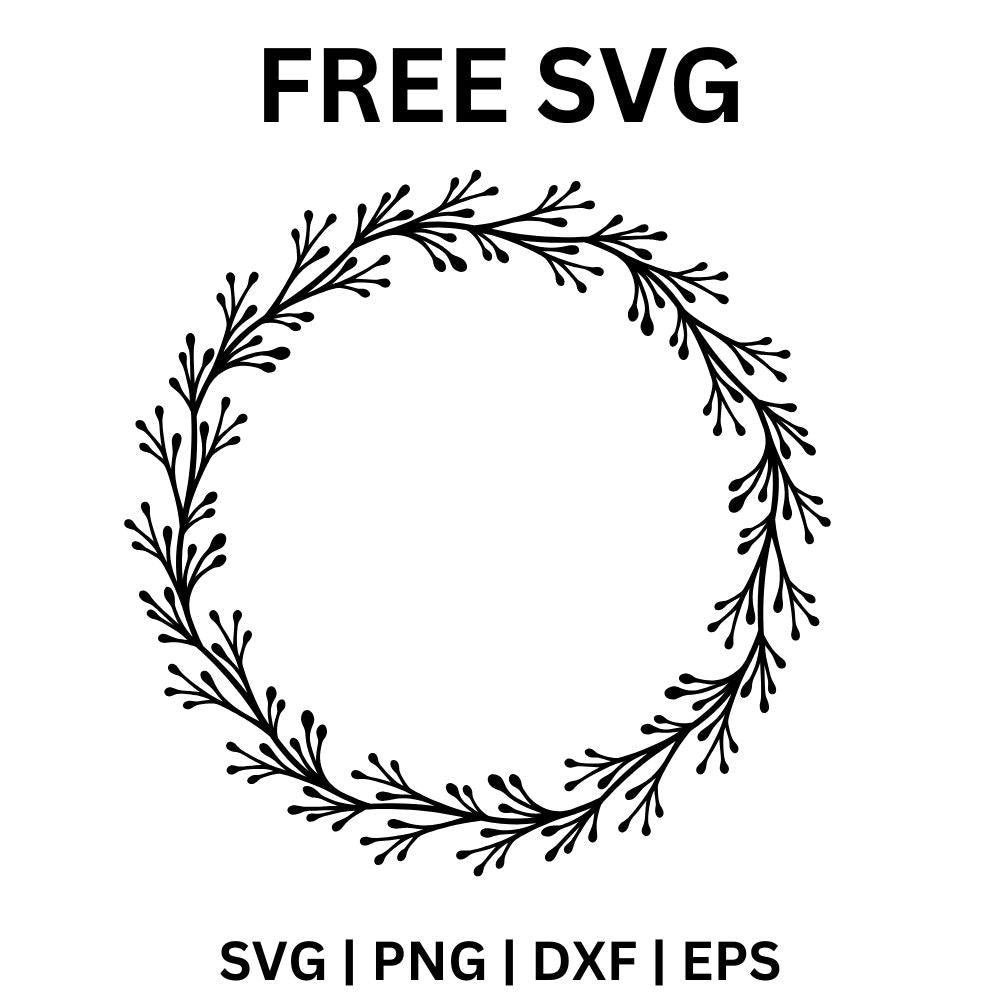 Full round hand drawn wreath of small black leaves and tiny berry sprigs forming a closed circle, free leafy wreath frame SVG cut file preview.