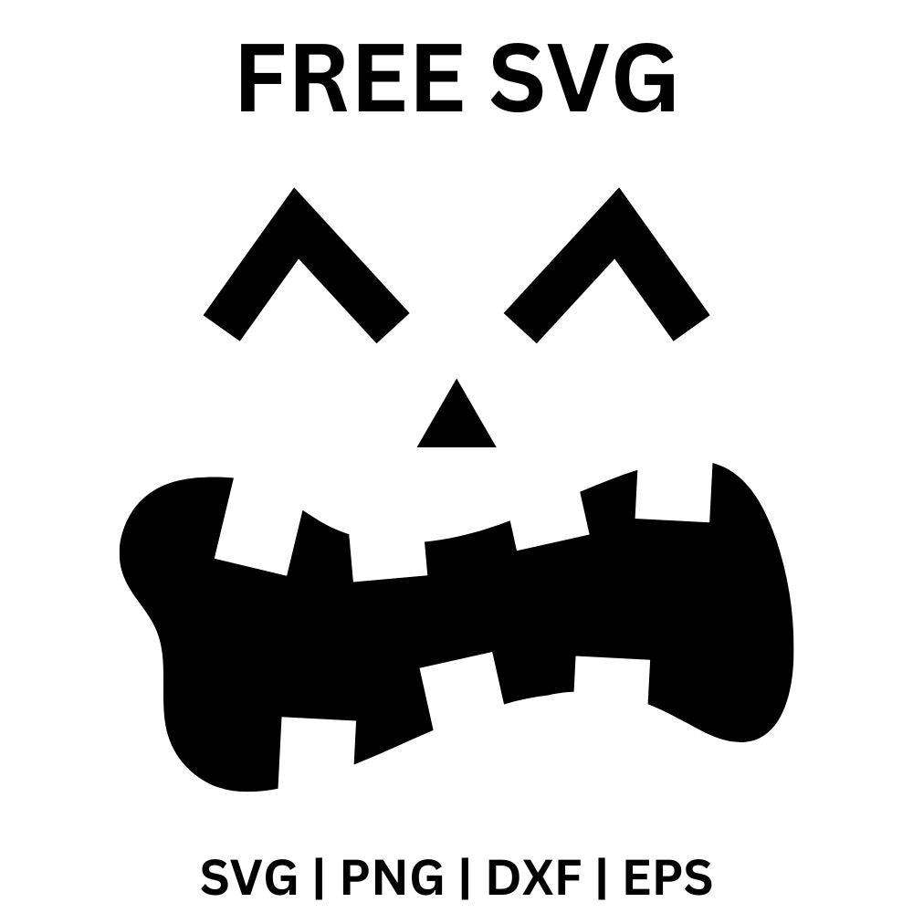 Black funny pumpkin face cutout with upside-down V eyes, a small triangle nose and a wavy open mouth with crooked square teeth, free Halloween pumpkin face SVG cut file preview.