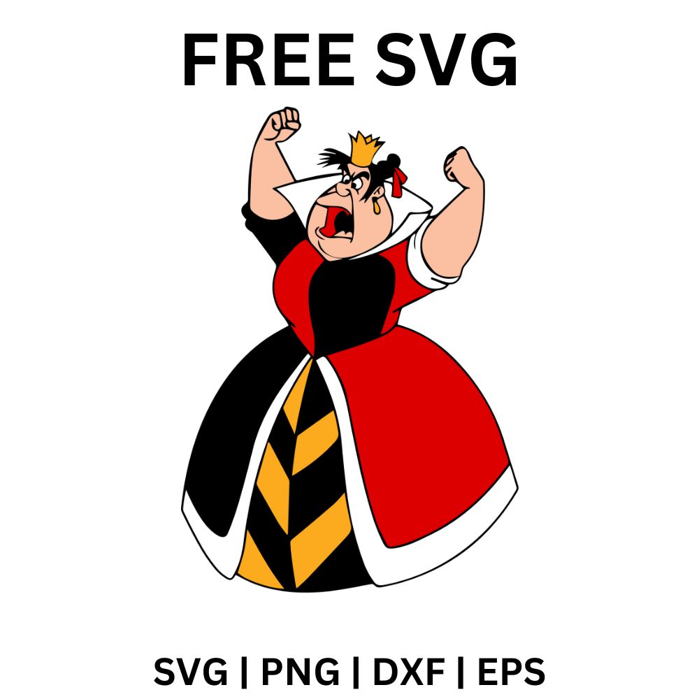 Furious cartoon card queen shouting with both fists raised in a red, black and yellow patterned gown, free angry queen SVG cut file preview.