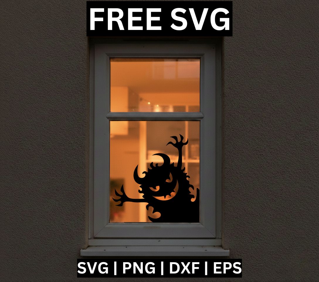 Black furry horned monster silhouette with arms raised climbing up from the window corner, shown as a window cling on a warmly lit window, free Halloween window decoration SVG cut file preview.