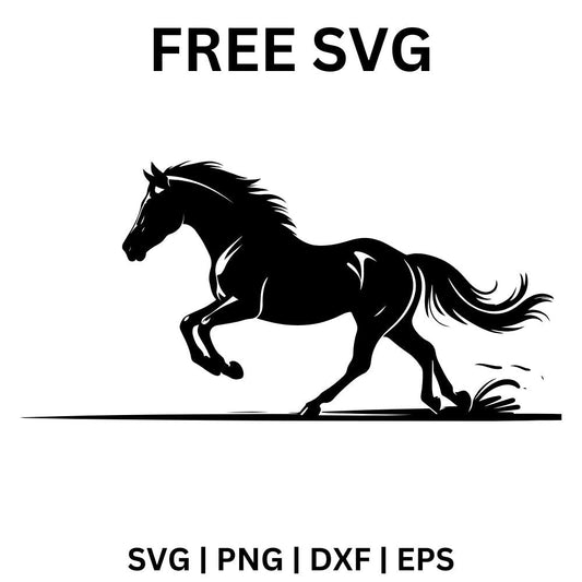 Black silhouette of a horse galloping over a ground line with its mane and tail flying and dust kicking up, free running horse SVG cut file preview.