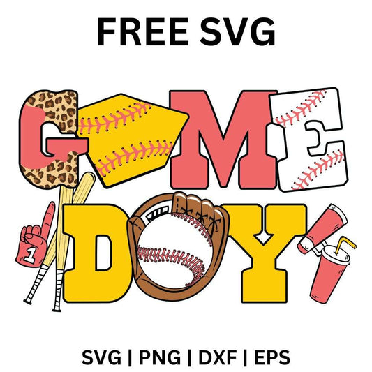 Game day lettering in leopard, red plaid and yellow patterns with softballs, a glove, bats and drink cups, free softball game day SVG cut file preview.
