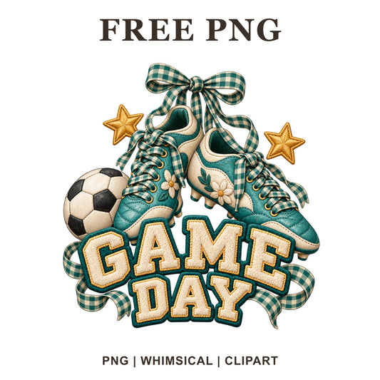Teal soccer cleats tied with a gingham ribbon, a soccer ball and gold stars above Game Day lettering, free soccer PNG