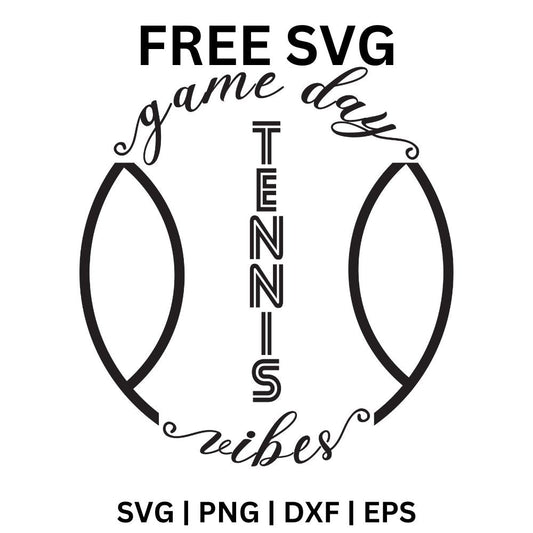 Black tennis ball seam outline with game day script on top, vertical TENNIS letters down the middle and vibes script below, free tennis vibes SVG cut file preview.