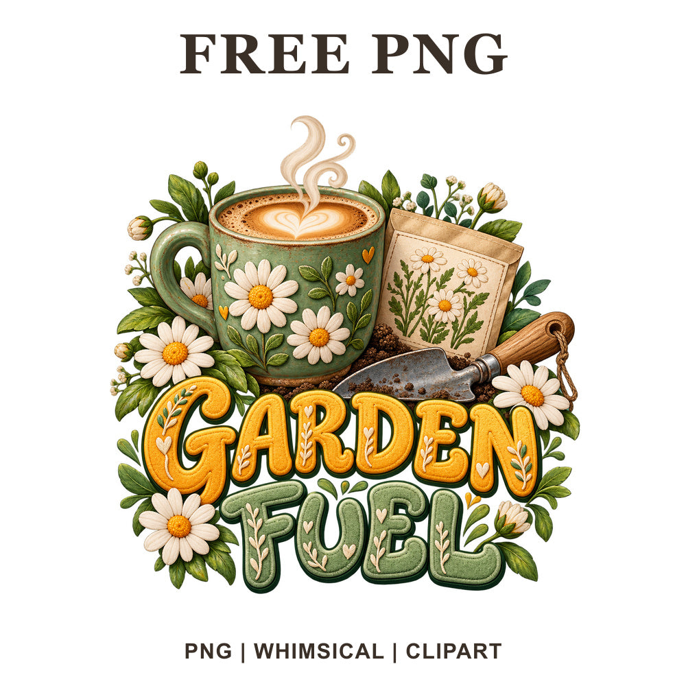 Green floral coffee mug with a garden trowel and seed packet beside Garden Fuel yellow and green lettering with daisies, free gardener coffee PNG