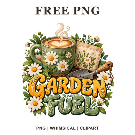 Green floral coffee mug with a garden trowel and seed packet beside Garden Fuel yellow and green lettering with daisies, free gardener coffee PNG