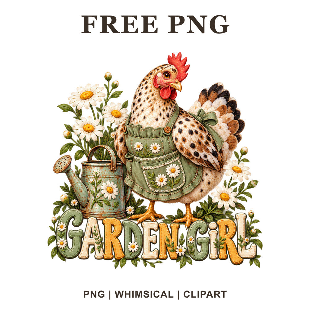 Vintage chicken in a green garden apron with a watering can and daisies above Garden Girl lettering, free PNG