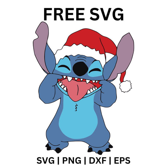 Giggling blue alien creature in a red Santa hat with eyes squeezed shut and paws on its cheeks, free Christmas alien SVG cut file preview.
