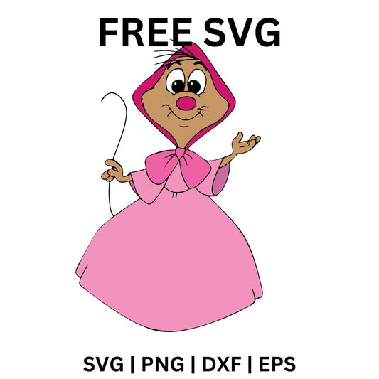 Cute cartoon girl mouse in a puffy pink dress and pink hood with a long curly tail waving a tiny hand, free girl mouse SVG cut file preview.