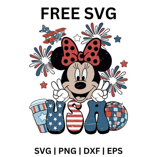 Cartoon girl mouse with a red polka dot bow and peace sign hands under fireworks above flag and disco patterned USA letters, free Fourth of July girl mouse SVG cut file preview.