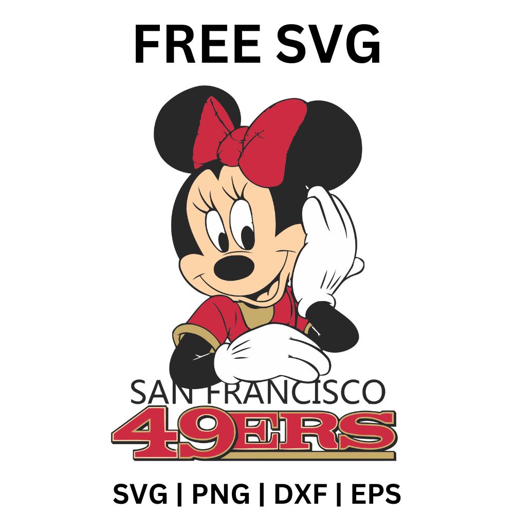 Cartoon girl mouse with a red bow in a red and gold jersey smiling above gray city lettering and a red and gold wordmark, free girl mouse football fan SVG cut file preview.