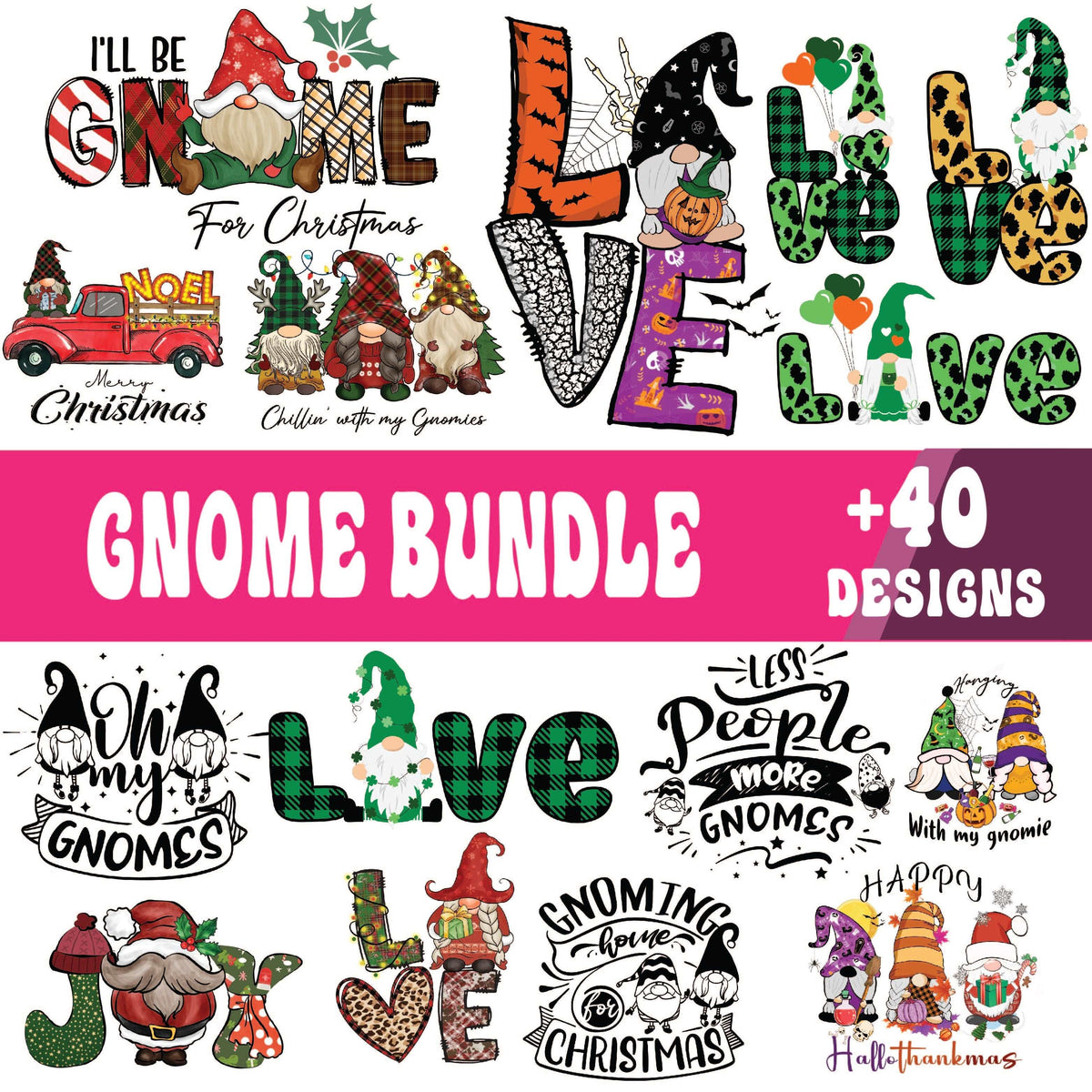 Gnome SVG bundle collage with Christmas gnomes, green plaid LOVE letters, Oh My Gnomes and Less People More Gnomes designs