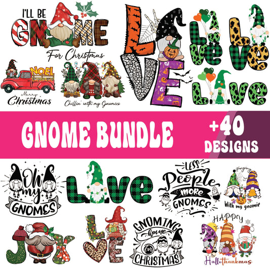 Gnome SVG bundle collage with Christmas gnomes, green plaid LOVE letters, Oh My Gnomes and Less People More Gnomes designs