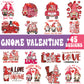 Gnome Valentine SVG bundle collage with red and pink love gnomes, a heart-filled truck, Be Mine and LOVE lettering designs