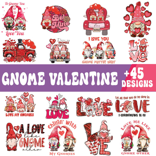 Gnome Valentine SVG bundle collage with red and pink love gnomes, a heart-filled truck, Be Mine and LOVE lettering designs