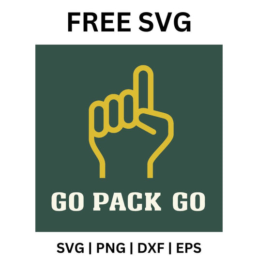 Gold outline of a hand pointing one finger up above white Go Pack Go lettering on a dark green square, free go pack go hand sign SVG cut file preview.