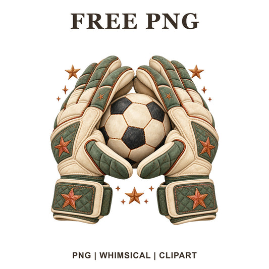 Cream and green goalkeeper gloves with orange stars holding a soccer ball, free goalkeeper PNG