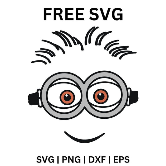 Simple cartoon face with two big goggle eyes, wild spiky hair strands on top and a small smile, free goggle eyes face SVG cut file preview.