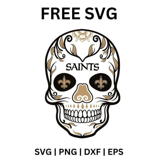 Gold and black outlined sugar skull with a fleur de lis and lettering on the forehead and ornate swirl patterns, free gold sugar skull football SVG cut file preview.