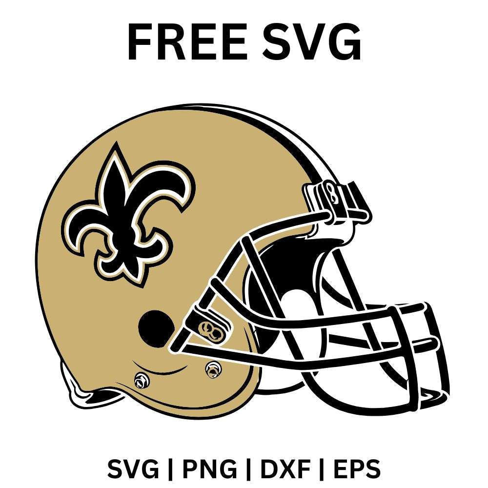 Gold football helmet with a black fleur de lis on the side and a black face mask, free fleur de lis football helmet SVG cut file preview.