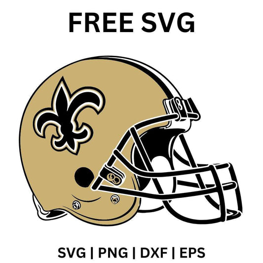 Gold football helmet with a black fleur de lis on the side and a black face mask, free fleur de lis football helmet SVG cut file preview.