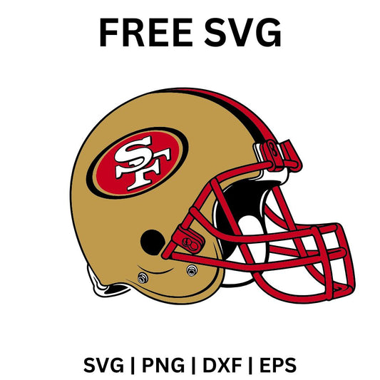 Metallic gold football helmet with a red oval logo decal, a red center stripe and a red face mask, free gold football helmet SVG cut file preview.