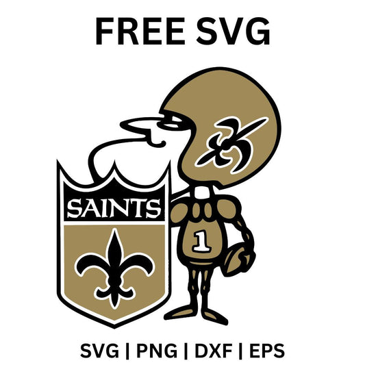 Cartoon football player mascot in a gold helmet and number 1 jersey leaning on a gold shield with a fleur de lis, free fleur de lis football mascot SVG cut file preview.