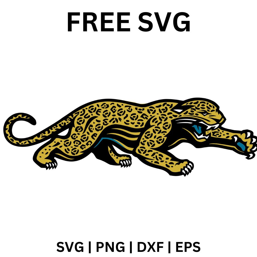 Gold spotted jaguar with a teal tongue lunging forward in a low stretched pounce, free jaguar mascot SVG cut file preview.