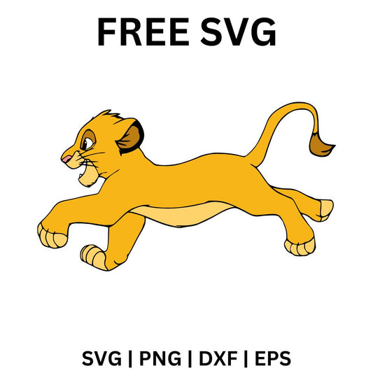 Golden cartoon lion cub leaping forward mid run with legs stretched out and tail curled up behind, free lion cub SVG cut file preview.