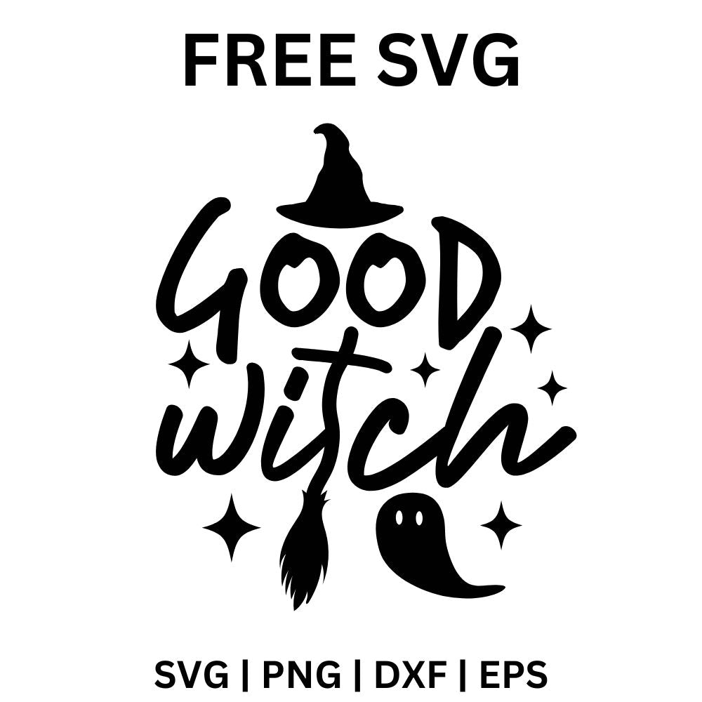 Black Good Witch brush lettering topped with a witch hat, with sparkles, a broom and a small ghost around it, free good witch SVG cut file preview.