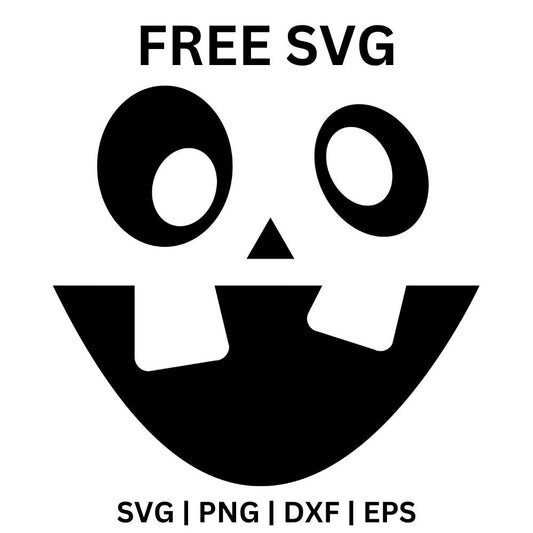 Black goofy pumpkin face cutout with two round googly eyes, a small triangle nose and a big smiling mouth with two square buck teeth, free Halloween pumpkin face SVG cut file preview.