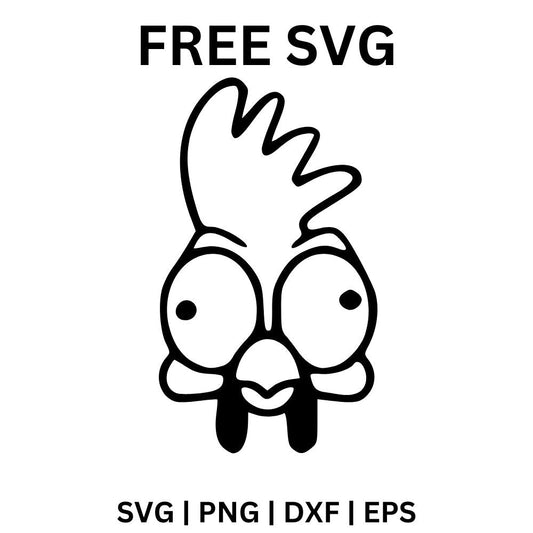 Black outline of a goofy rooster face with big bulging crossed eyes, a floppy comb and a small beak, free silly rooster SVG cut file preview.