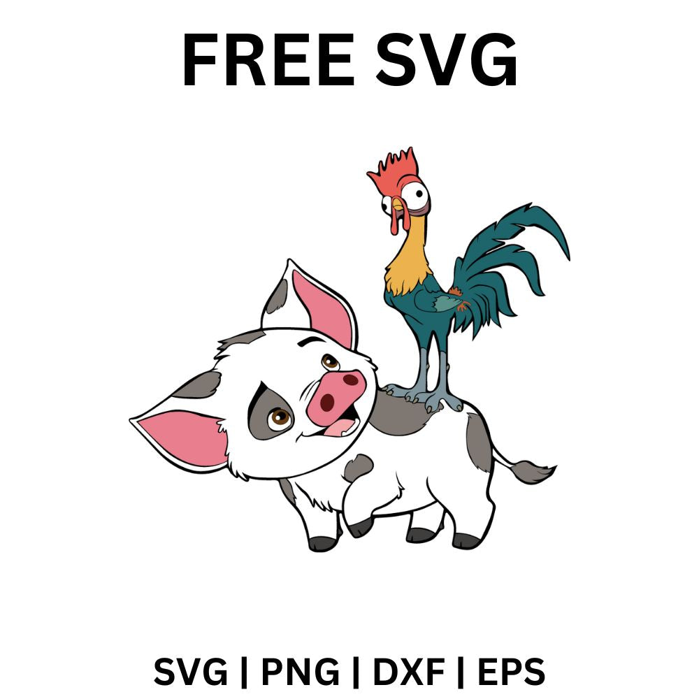 Goofy wide eyed rooster standing on the back of a cute white spotted piglet, free rooster and piglet SVG cut file preview.