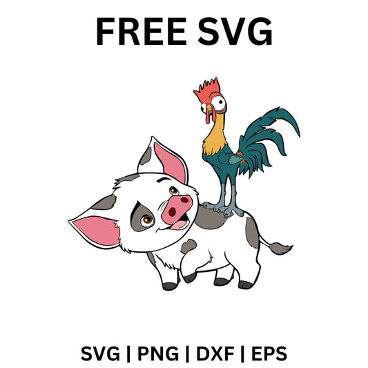 Goofy wide eyed rooster standing on the back of a cute white spotted piglet, free rooster and piglet SVG cut file preview.