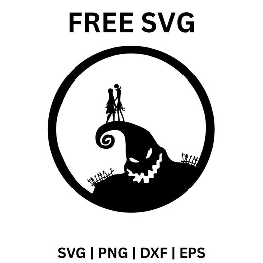 Skeleton and rag doll couple embracing on a curly spiral hill above a grinning sack monster face inside a round moon frame, free Halloween couple SVG cut file preview.