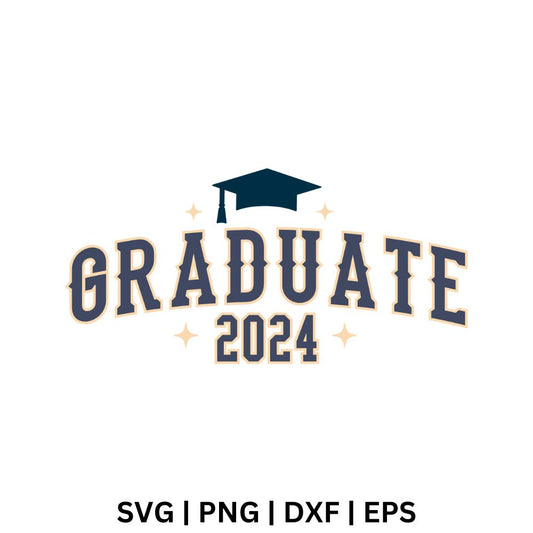 Arched navy GRADUATE letters with a cream outline above 2024, a dark teal graduation cap and small sparkles, free graduate 2024 SVG cut file preview.