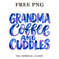 Grandma Coffee and Cuddles brush lettering in blue and purple watercolor, free grandma PNG
