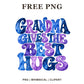 Grandma Gives the Best Hugs rounded lettering in blue and purple marbled watercolor, free grandma PNG