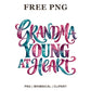 Grandma Young at Heart script lettering in teal, pink and purple watercolor, free grandma PNG