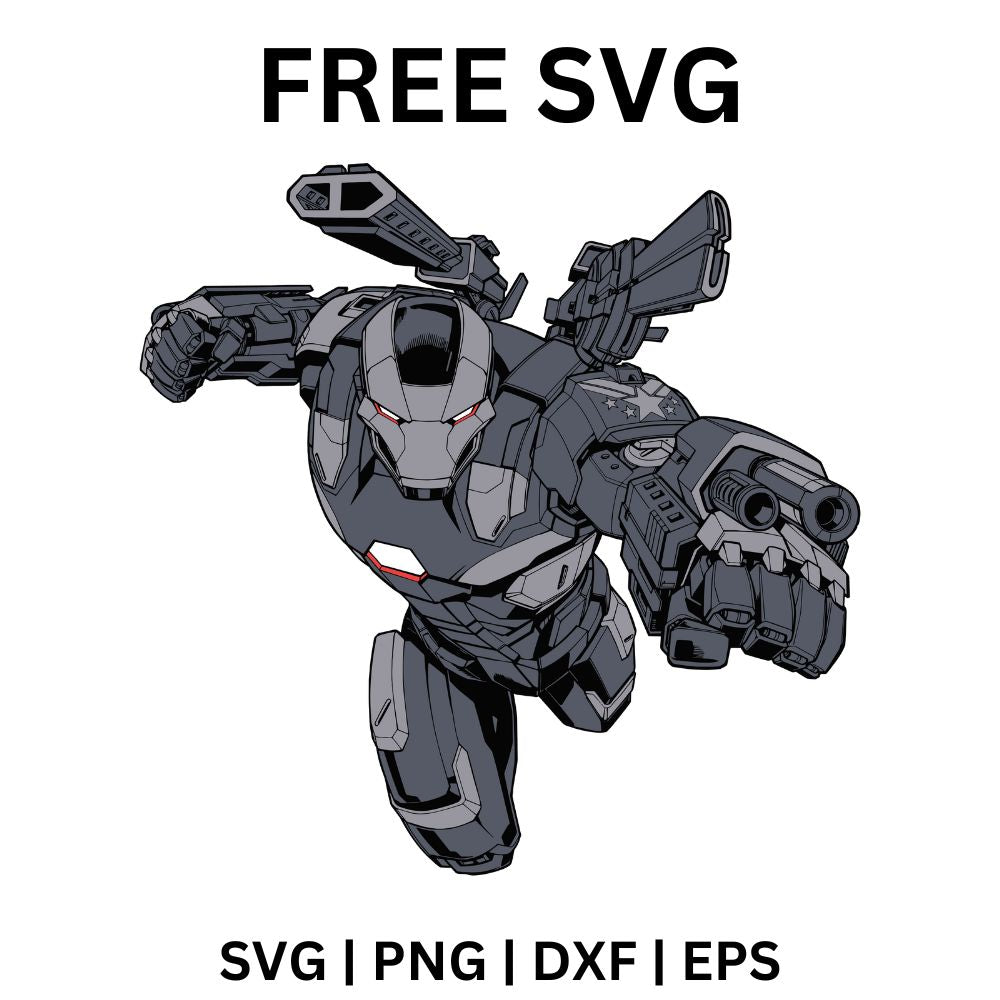 Gunmetal gray armored suit hero flying forward with shoulder-mounted guns and arm cannons aimed ahead, free armored hero action SVG cut file preview.